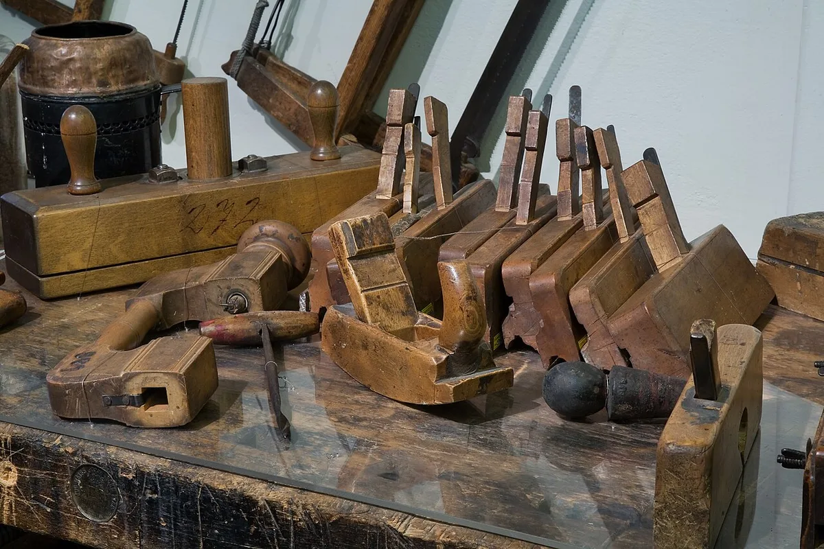 Tools and equipment organized in a carpenter’s workshop in Vienna.